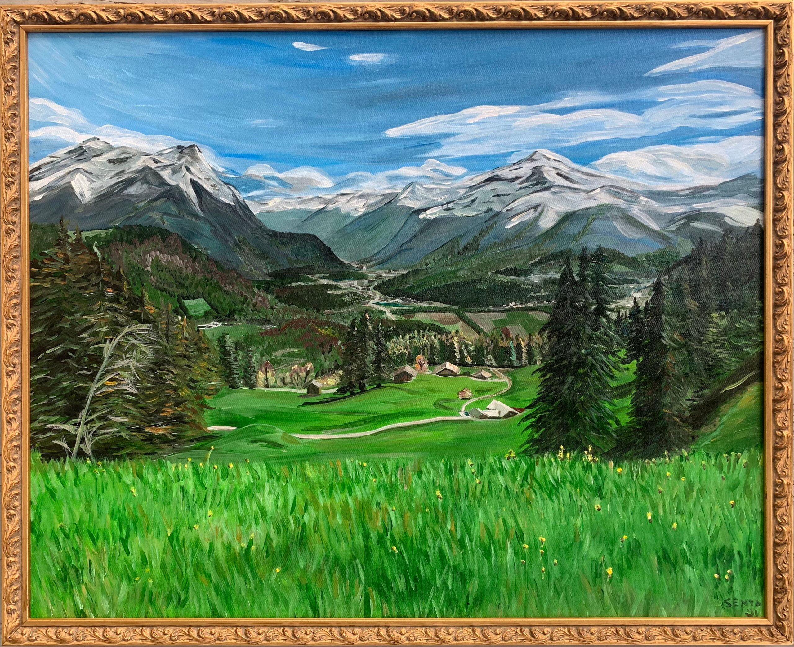 Alps Chalet Painting | Large Framed 24x30 Acrylic Mountain