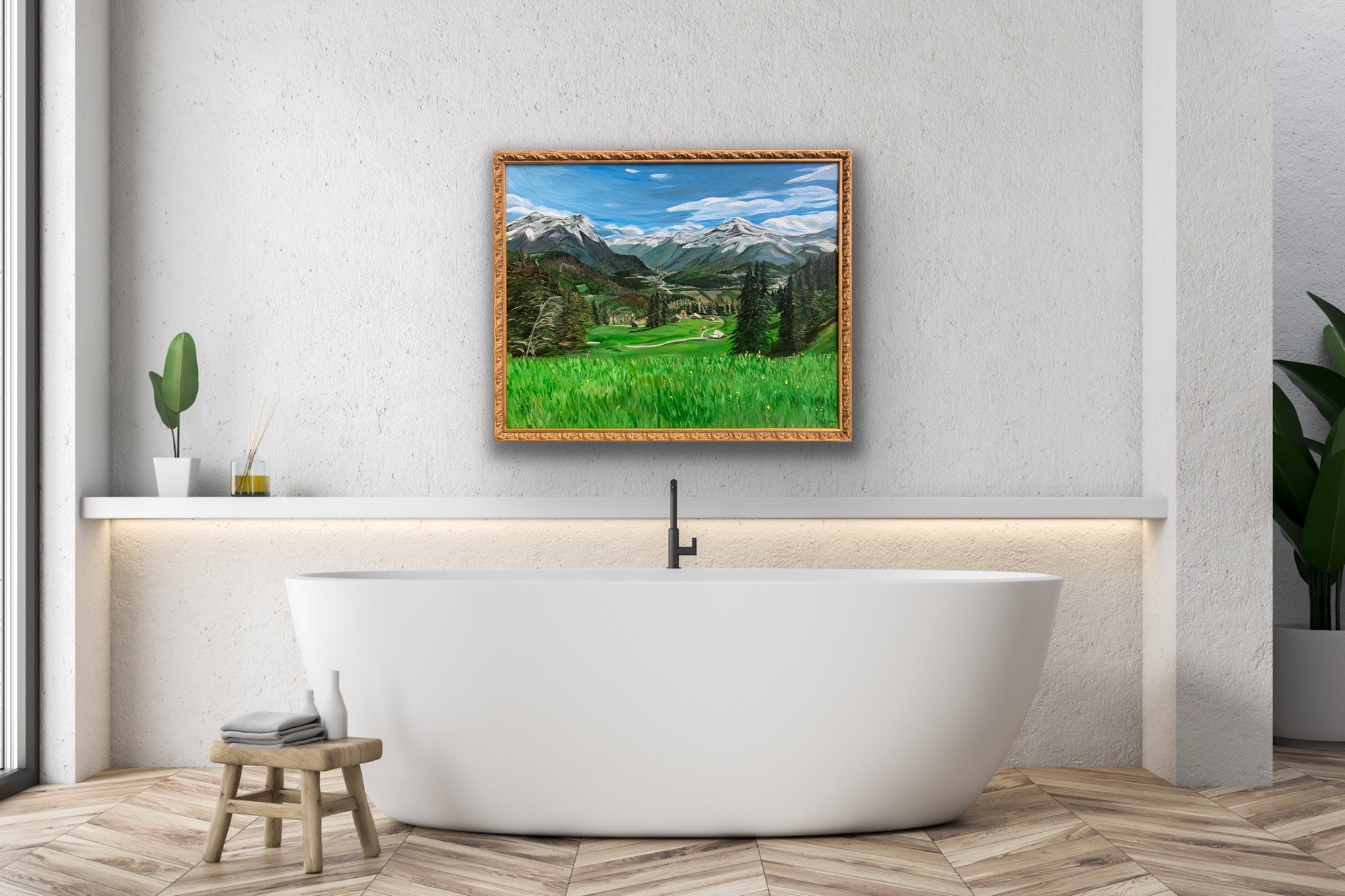 Alps Chalet Painting | Large Framed 24x30 Acrylic Mountain Painting on Canvas | Beautiful Fine Art Mountain Painting | Eclectic Frame Modern