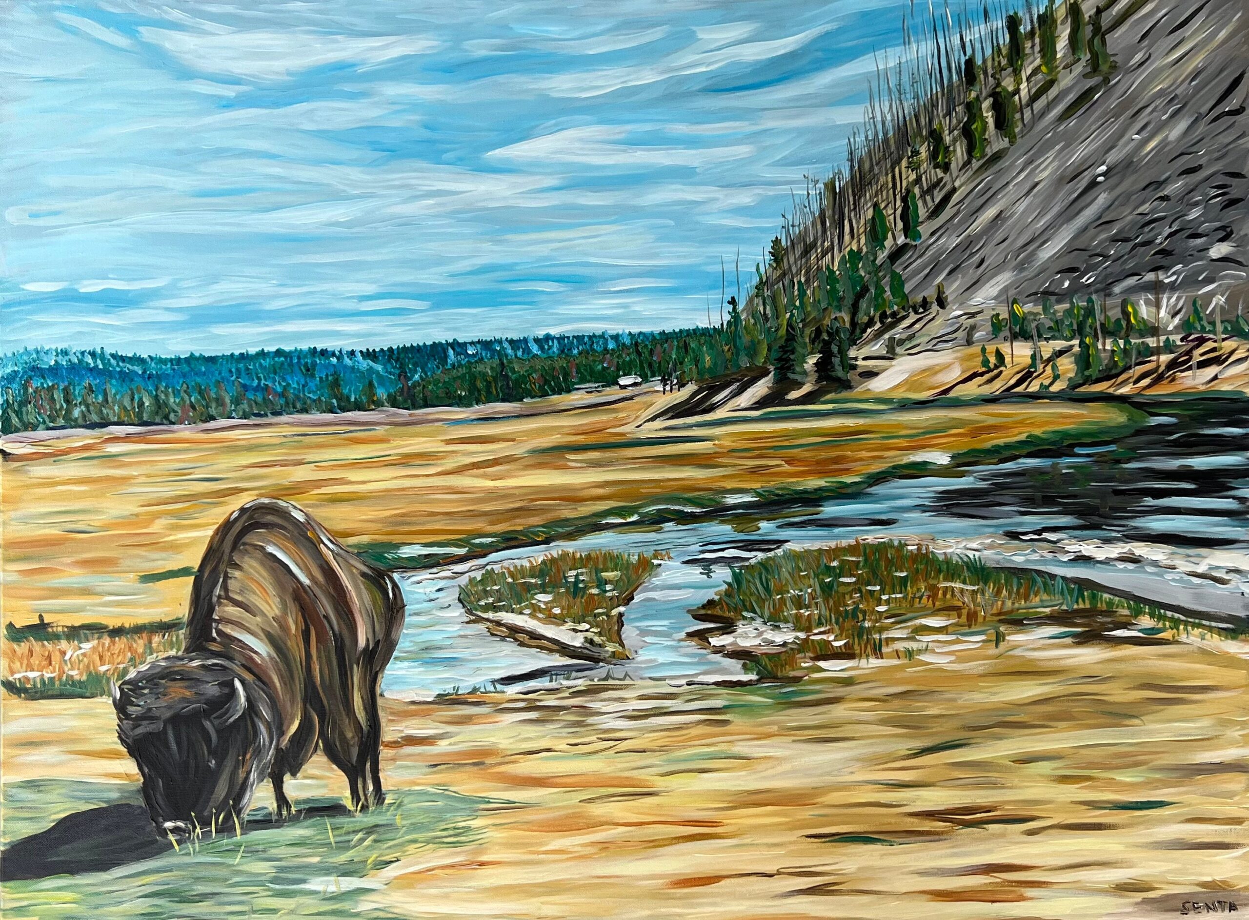 Landscape Painting of a bison | 30x40 large buffalo painting | impressionist pioneer painting