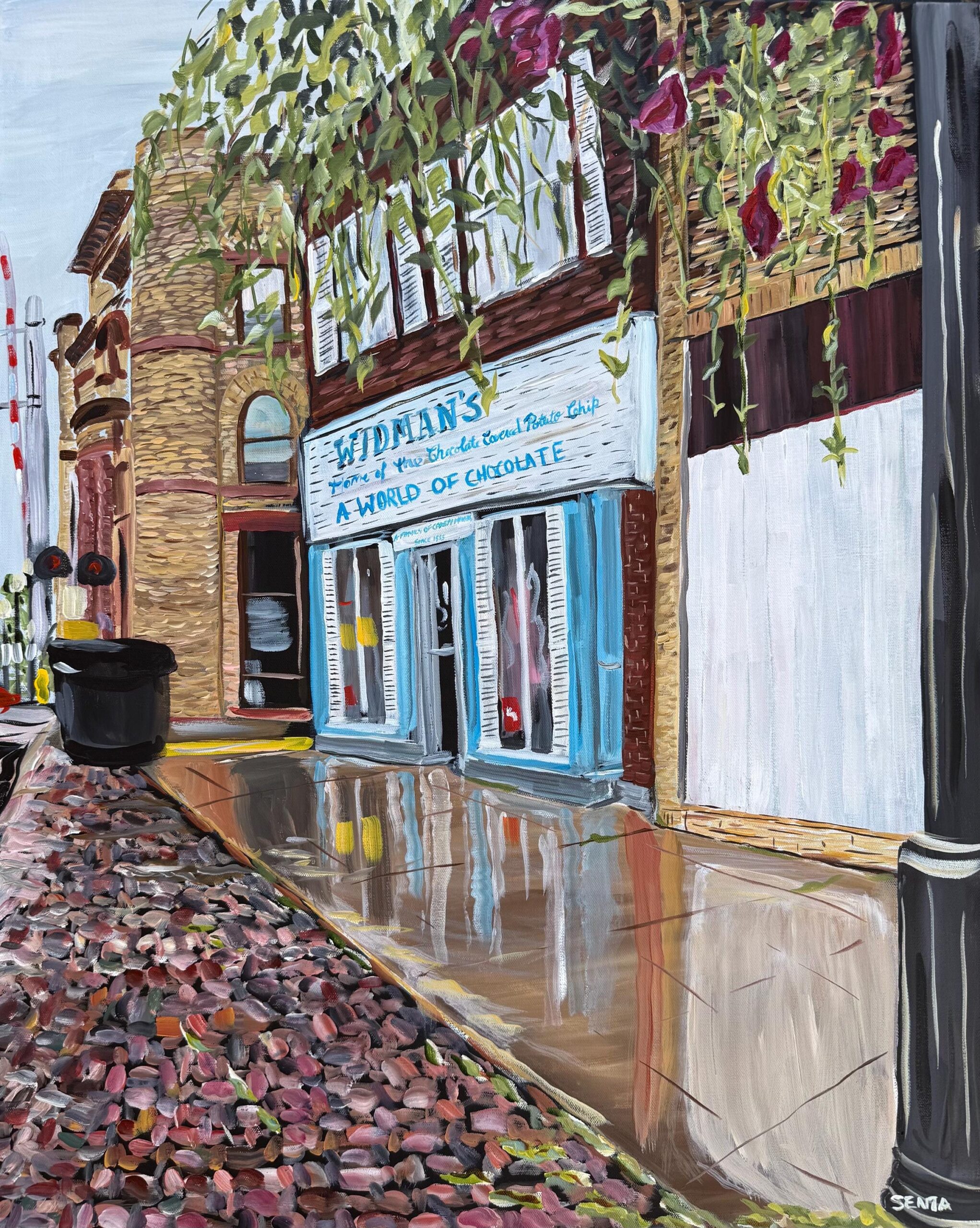 Rainy Street Chocolate Shop Art Print | 8x10 Hot Press Paper